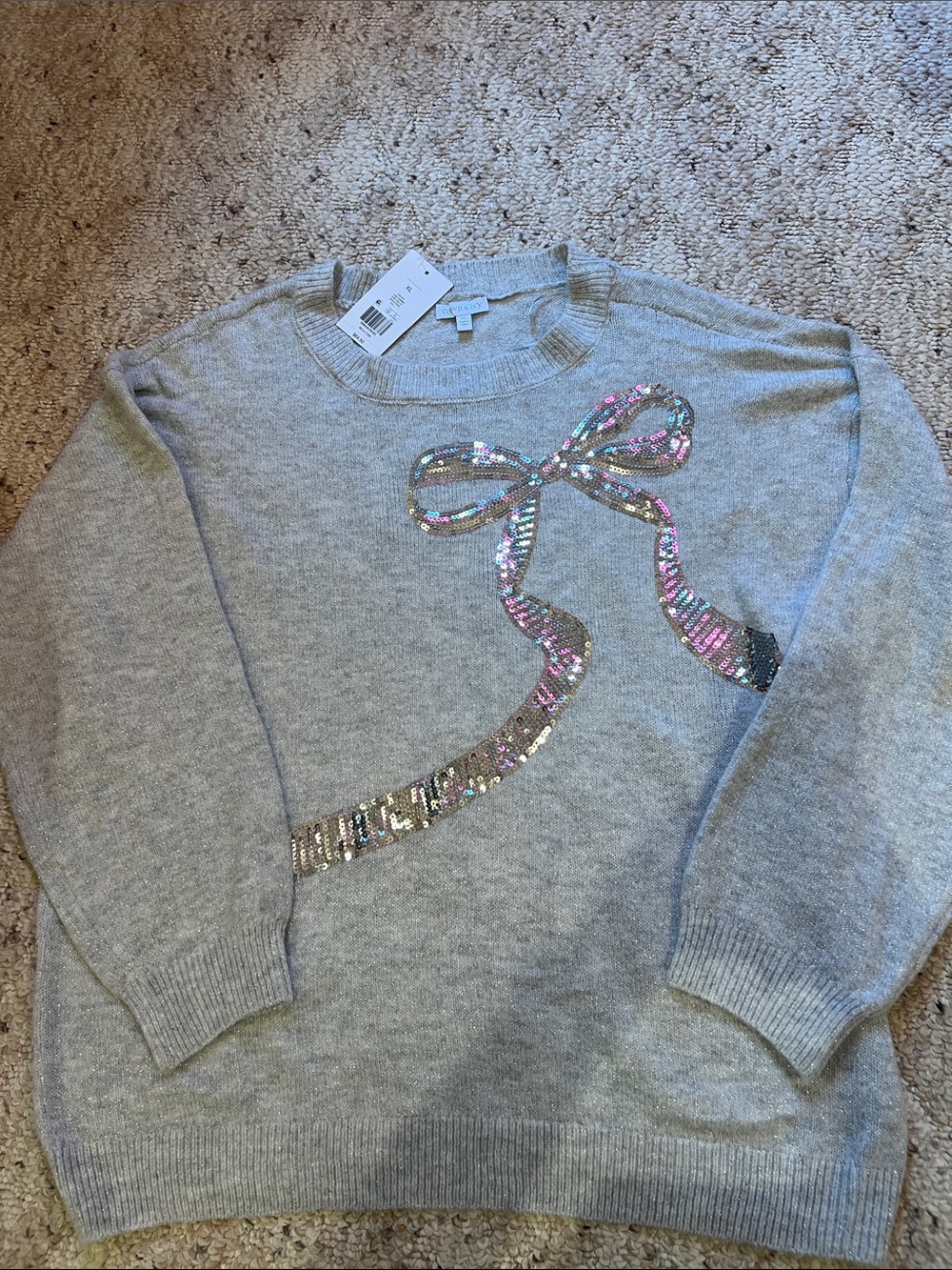 Crown & Ivy Gray Sweater with Iridescent Sequin Bow